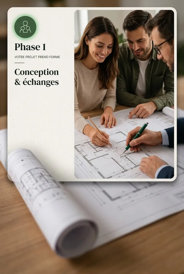 Phase 1, conception et échanges : un couple et le maître d’œuvre travaillent ensemble sur les plans de la maison
