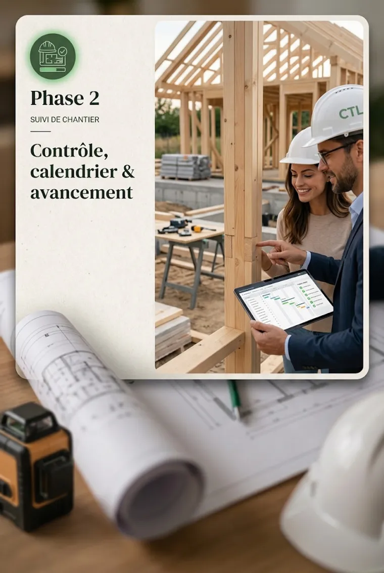 Phase 2, suivi de chantier : contrôle de l’ossature bois et du calendrier des travaux sur tablette