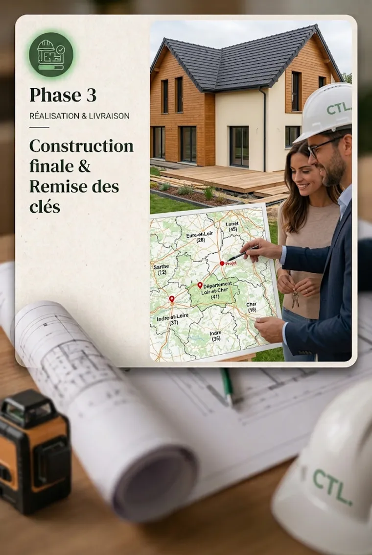 Phase 3, réalisation et livraison : maison terminée, carte du Loir-et-Cher et des départements voisins, remise des clés